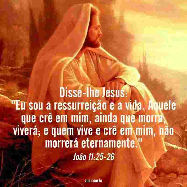 João 11:25-26 Então Jesus afirmou: — Eu sou a ressurreição e a vida. Quem  crê em mim, ainda que morra, viverá; e quem vive e crê em mim nunca m…